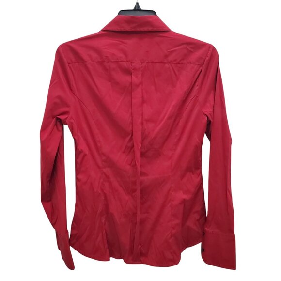 Express Design Studio Women's Y2K Dark Red Stretch Ruffle V-Neck Career Shirt S - Picture 7 of 7